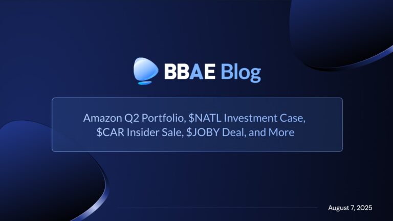 Image representing blog post 亚马逊第二季度投资组合、$NATL 投资案例、$CAR 内幕交易、$JOBY 交易等