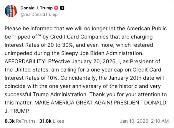 Financial Stocks Under Pressure After 10% Credit Card Rate Cap Proposal